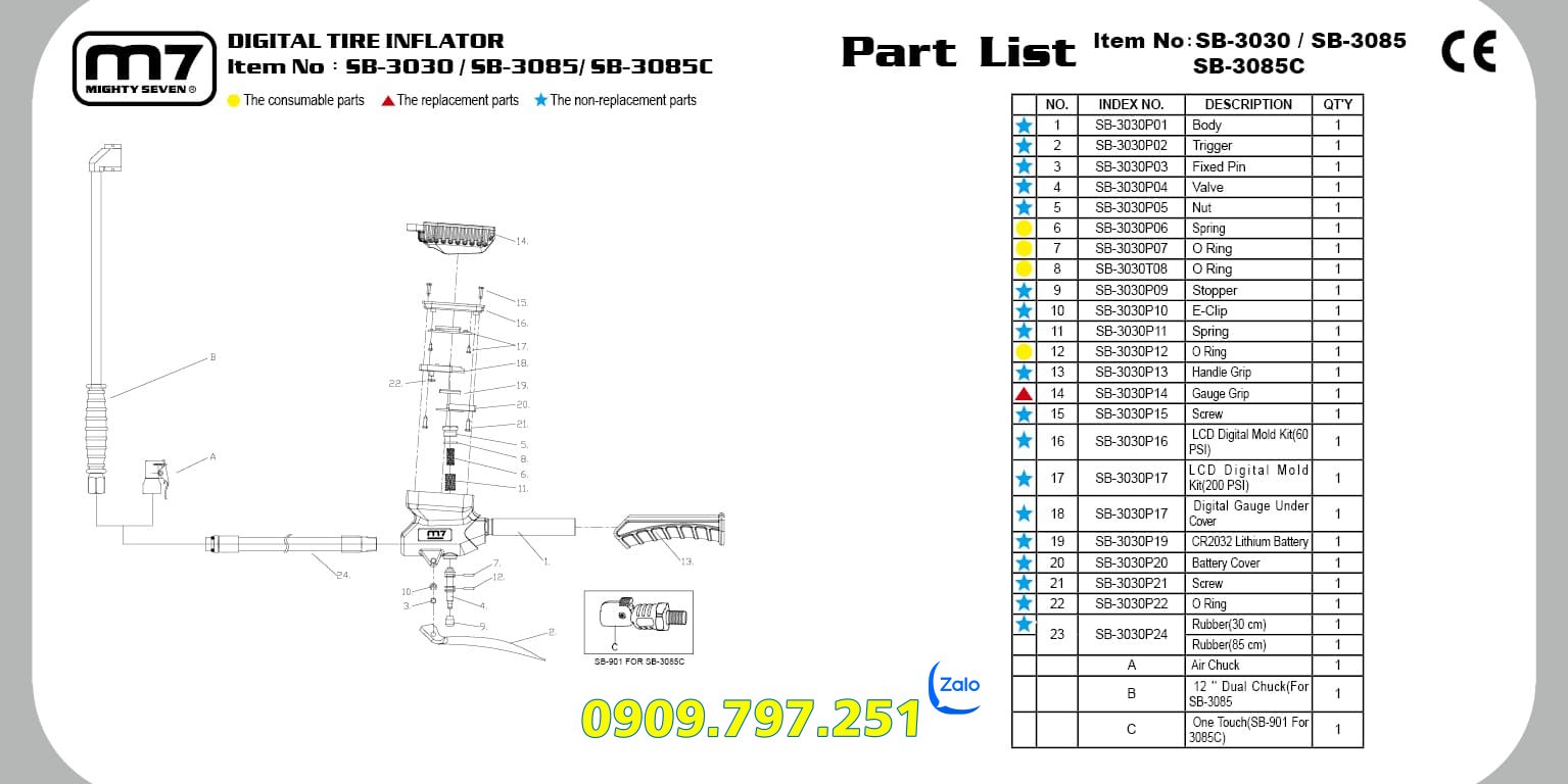 SB-3030 Đồng hồ bơm lốp điện tử hãng M7 Đài Loan SB-3030 Đồng hồ bơm lốp điện tử hãng M7 Đài Loan